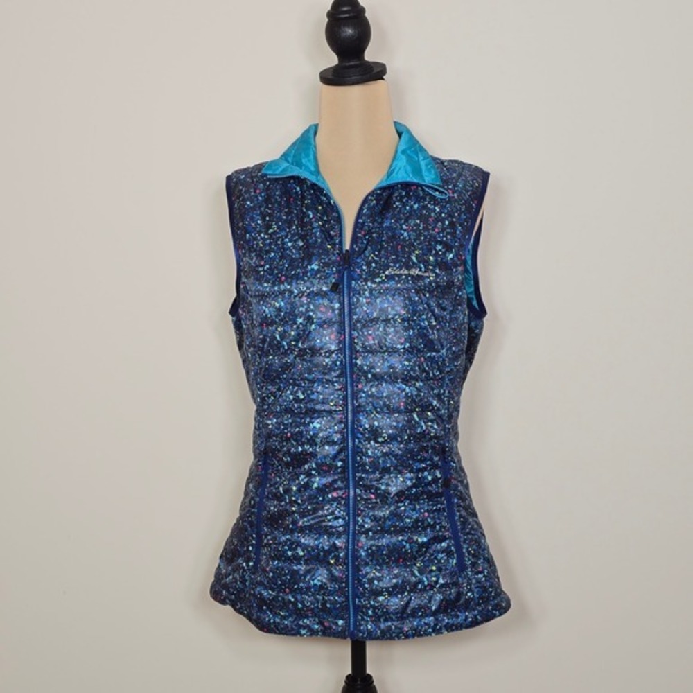 Eddie Bauer First Ascent Reversible Puffer Vest Blue Multicolor Print‎ M Tall
